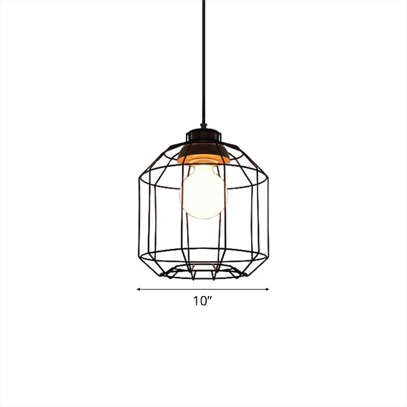 Suspension rétro en métal avec abat-jour en forme de cage cylindrique - Lampe suspendue pour chambre à coucher en noir