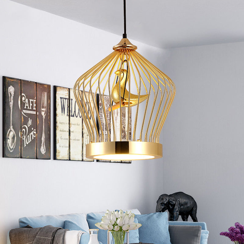 Gold Crown Cage Pendant Light with Bird Deco - Simple Metal Ceiling Lamp