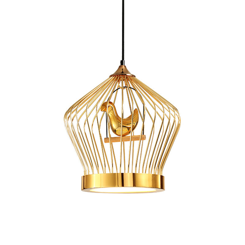Gold Crown Cage Pendant Light with Bird Deco - Simple Metal Ceiling Lamp