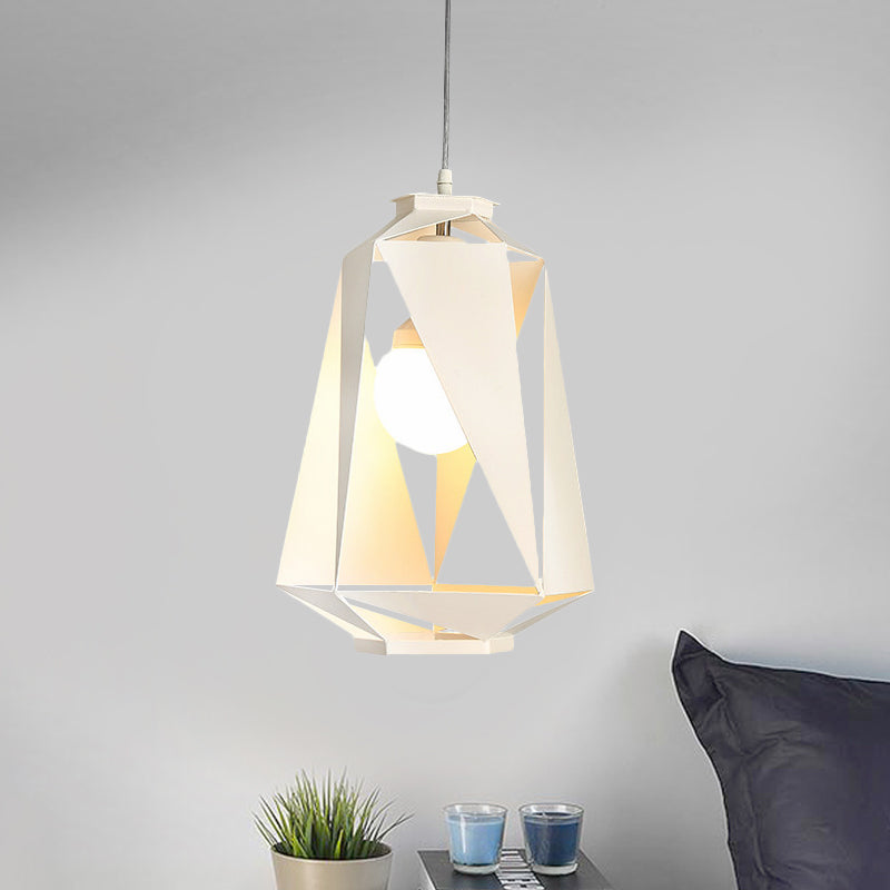 Modern Metal Diamond Pendant Lamp - White Finish Ceiling Hang Fixture With Hollow-Out Design