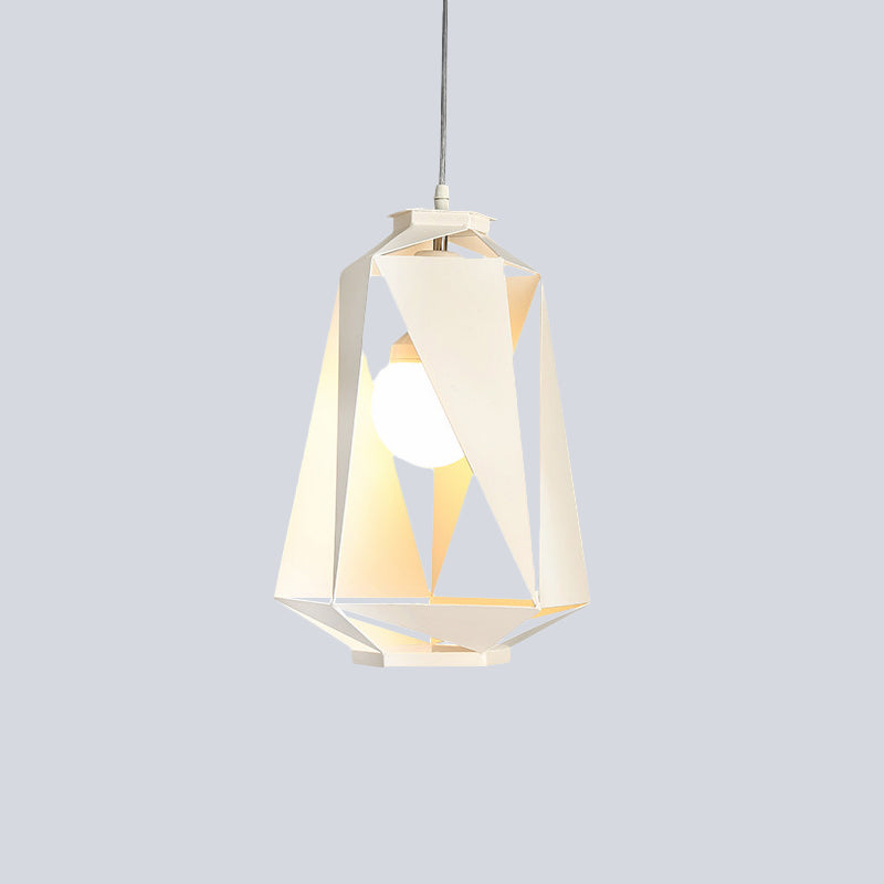 Modernist Metal Diamond Pendant Lamp - 1 Light, White Finish, Hollow-Out Design - Ceiling Hanging Fixture