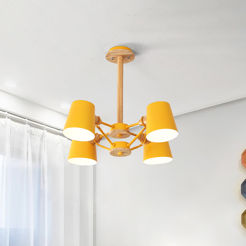 Plafonnier semi-encastré Macaron à 4 lampes, corps rose/jaune avec tige en bois