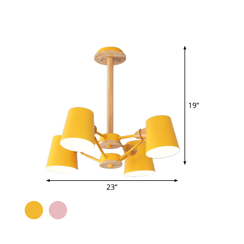 Plafonnier semi-encastré Macaron à 4 lampes, corps rose/jaune avec tige en bois