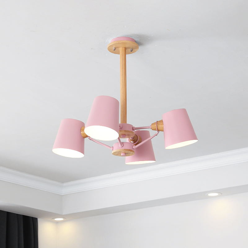 Plafonnier semi-encastré Macaron à 4 lampes, corps rose/jaune avec tige en bois