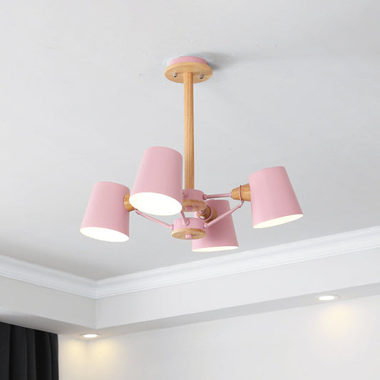 Macaron 4-Light Semi Flush Ceiling Lamp, Pink/Yellow Barrel with Wood Rod