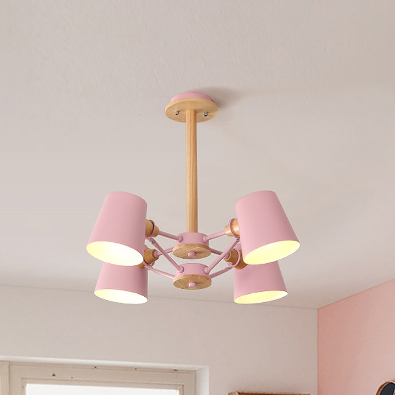 Plafonnier semi-encastré Macaron à 4 lampes, corps rose/jaune avec tige en bois