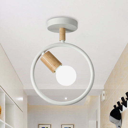 Minimalist Circle Metal Flushmount Light with Wood Arm and 1 Bulb - Grey/Green/White Option