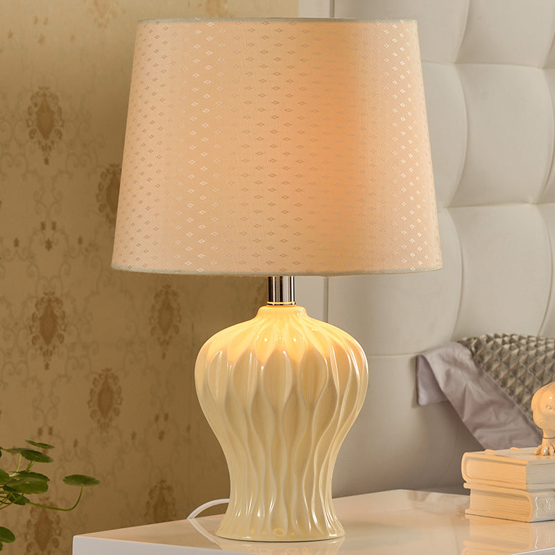 Modern White Fabric Barrel Task Lamp With Ceramic Urn Base - 1 Bulb Table Light