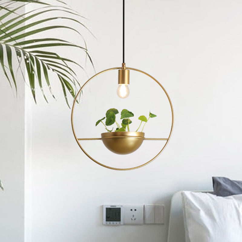 Industrial Metal Round Hanging Ceiling Light with Plant Decoration - Golden Head Pendant Lamp