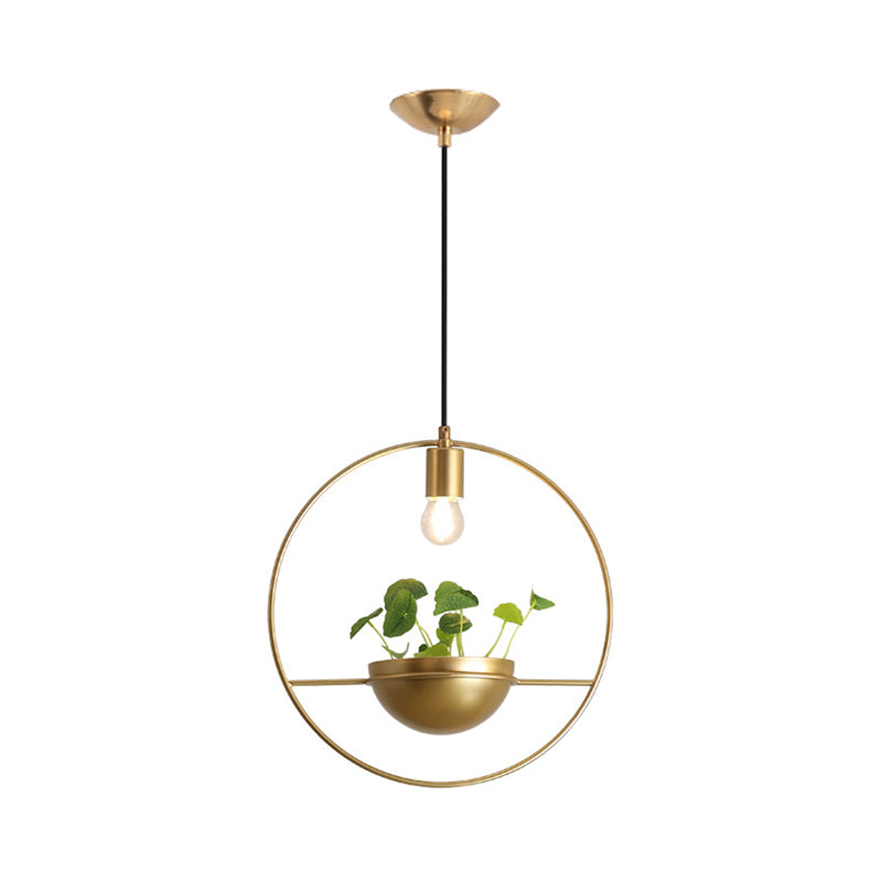 Industrial Metal Round Hanging Ceiling Light with Plant Decoration - Golden Head Pendant Lamp