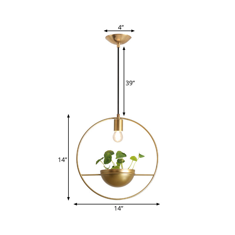Industrial Metal Round Hanging Ceiling Light with Plant Decoration - Golden Head Pendant Lamp