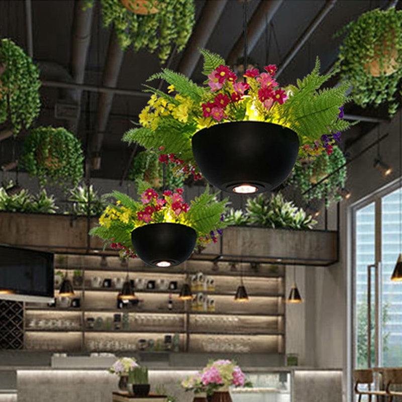 Retro LED Metal Black Pendant Light with Hanging Plant Bowl, Perfect for Restaurants