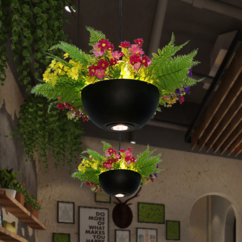 Metal Black Led Pendant Light For Restaurants - Retro Plant Hanging Lamp Bowl 1 Bulb