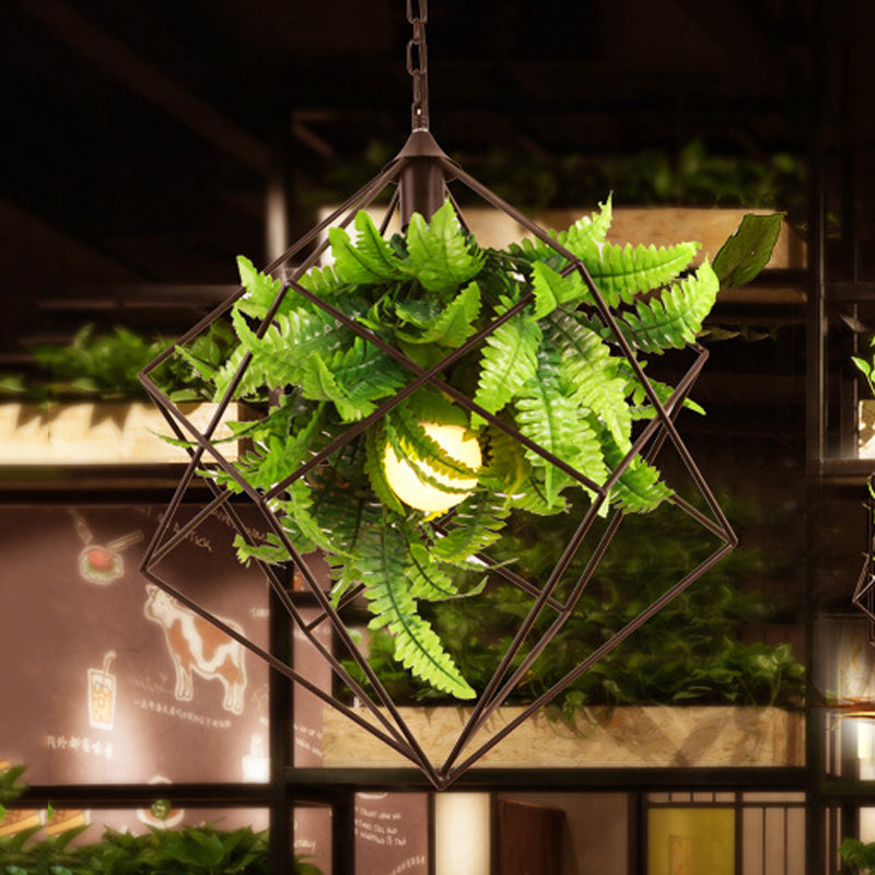 Antique Black Geometric Pendant Lamp with Plant and LED Down Lighting - 16.5"/19.5" W