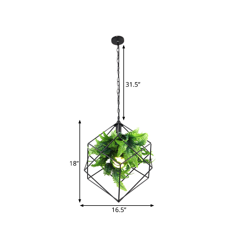 Antique Black Geometric Pendant Lamp with Plant and LED Down Lighting - 16.5"/19.5" W