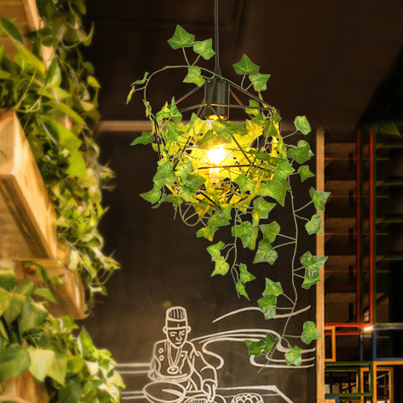 Retro Metal Pendant Ceiling Light: Geometric Design 1 Head Black Led Drop Lamp With Plant Decor -