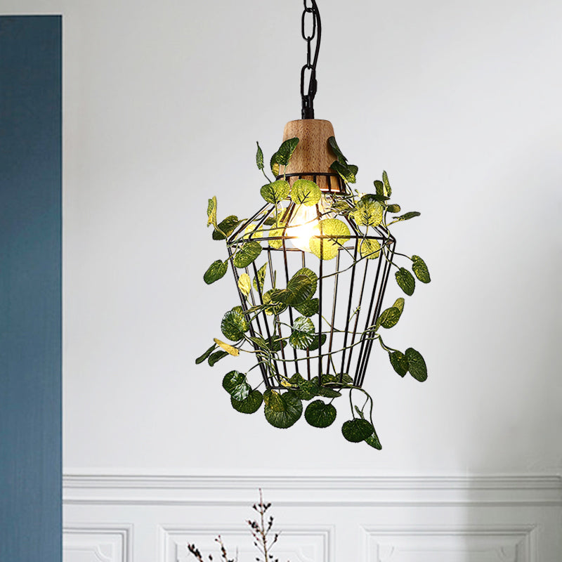 Suspension de plafond à LED en métal noir vintage pour plantes – Idéal pour les restaurants – Luminaire à cage à ampoule