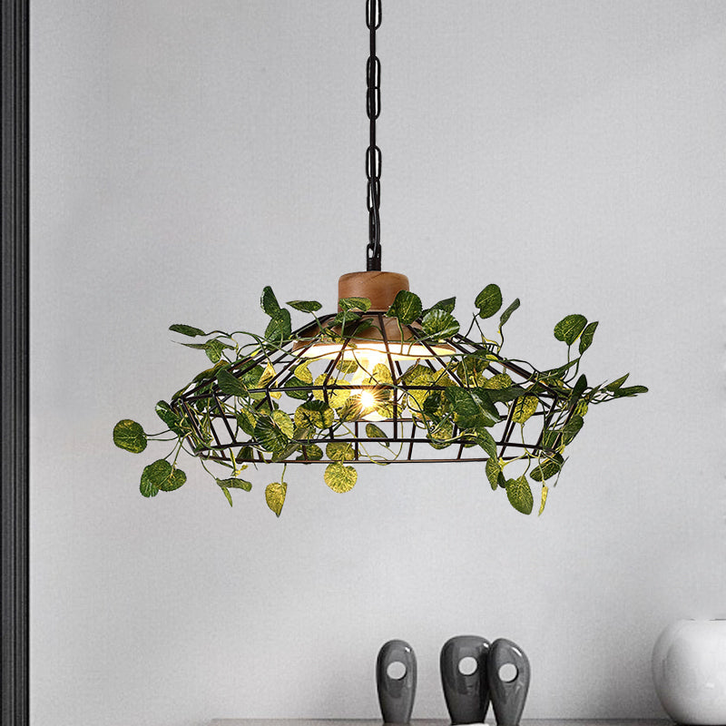 Suspension de plafond à LED en métal noir vintage pour plantes – Idéal pour les restaurants – Luminaire à cage à ampoule