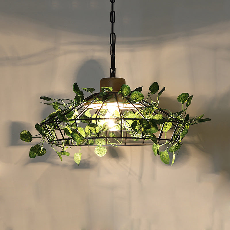 Suspension de plafond à LED en métal noir vintage pour plantes – Idéal pour les restaurants – Luminaire à cage à ampoule