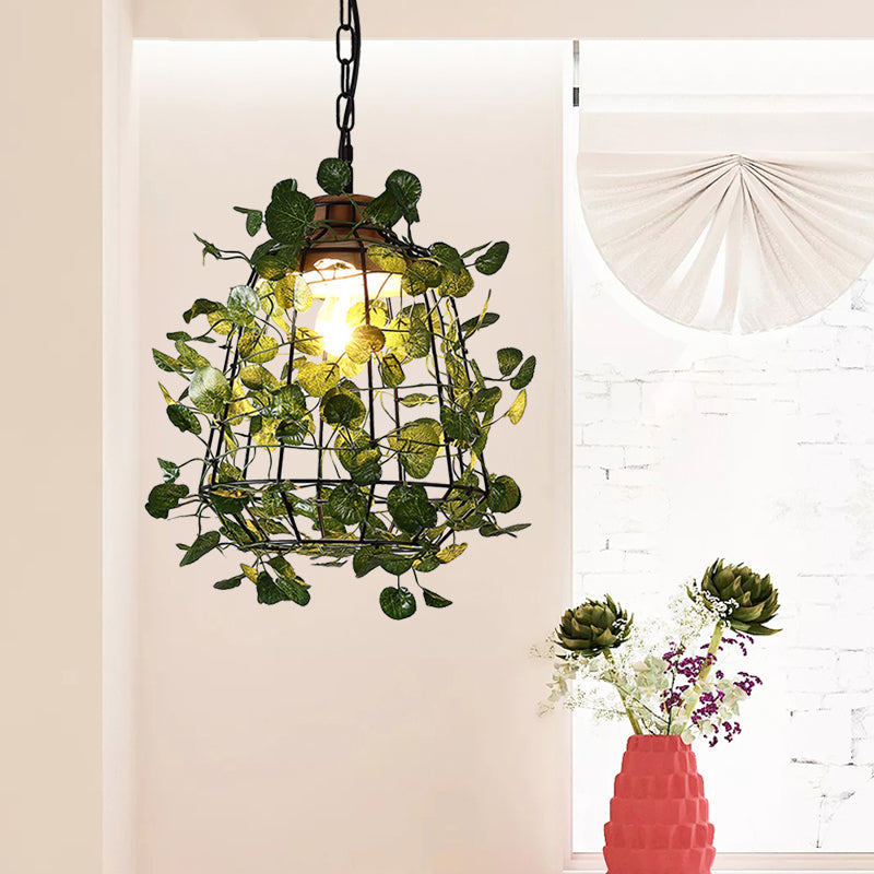 Suspension de plafond à LED en métal noir vintage pour plantes – Idéal pour les restaurants – Luminaire à cage à ampoule