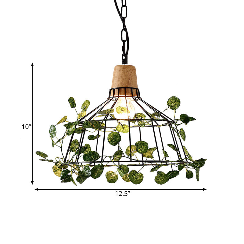 Suspension de plafond à LED en métal noir vintage pour plantes – Idéal pour les restaurants – Luminaire à cage à ampoule