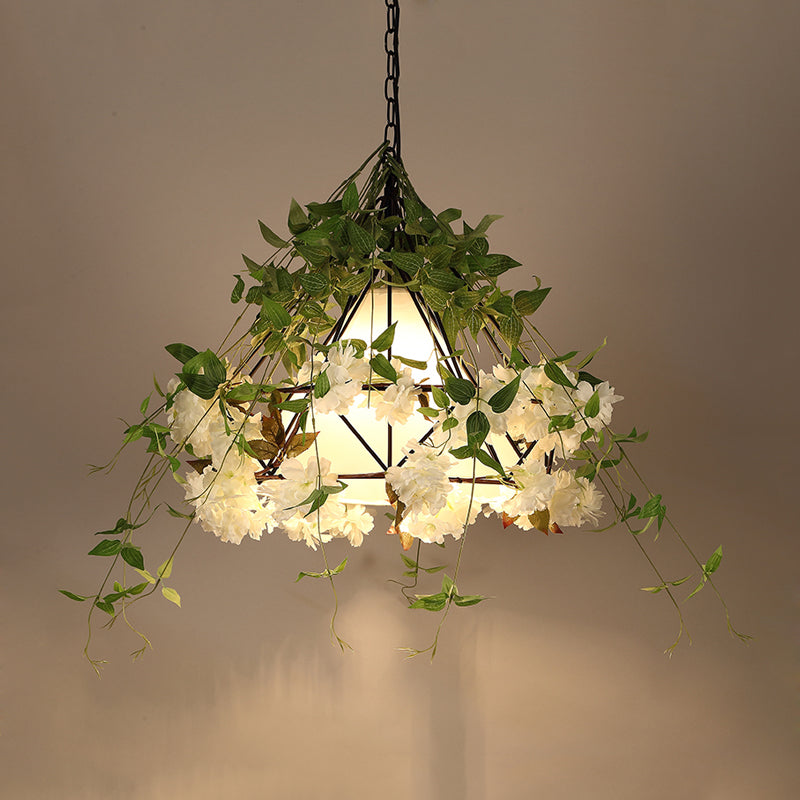 Industrial Diamond Plant Down Lighting LED Metal Pendant Light, Black for Restaurant - 16"/19.5"/23.5" W