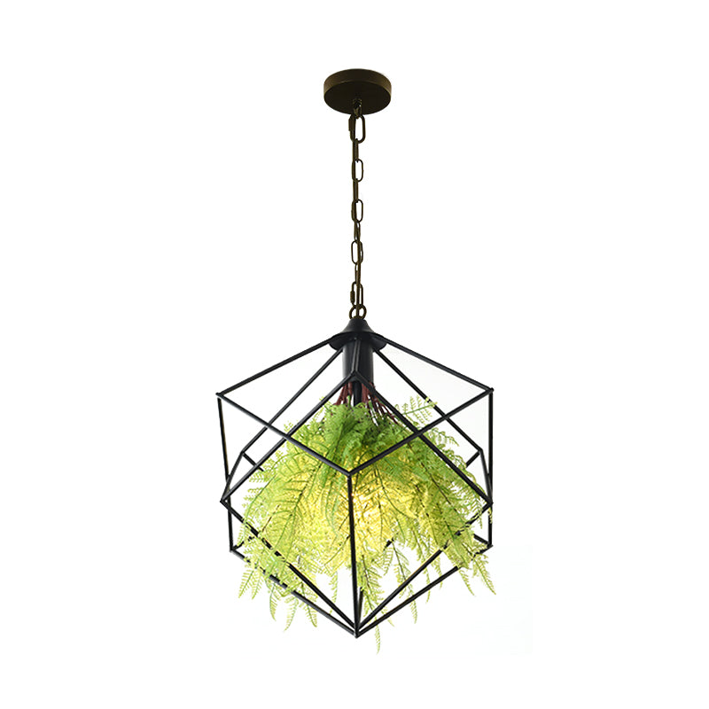 Black Metal Geometric Plant Hanging Pendant with LED Light, Ideal for Restaurants - 1 Bulb, 18"/21.5" Width