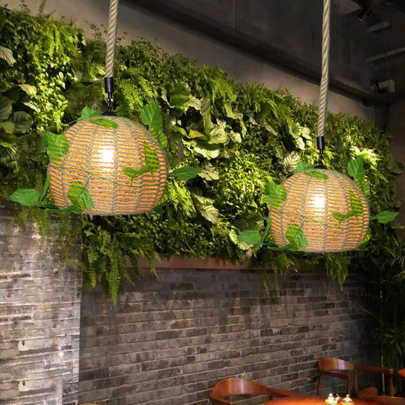 Vintage Beige Hemp Rope Dome Pendant Light with LED Bulb - Perfect for Restaurants