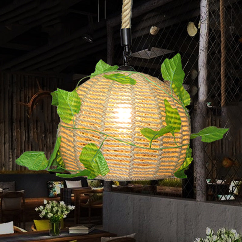 Vintage Beige Hemp Rope Pendant Light With Led Bulb - Plant Hanging Lamp For Restaurants