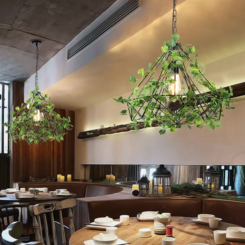 Black Antique Metal Diamond Pendant Lamp - LED Plant Suspension Light for Restaurants - 10"/15"/18" Width