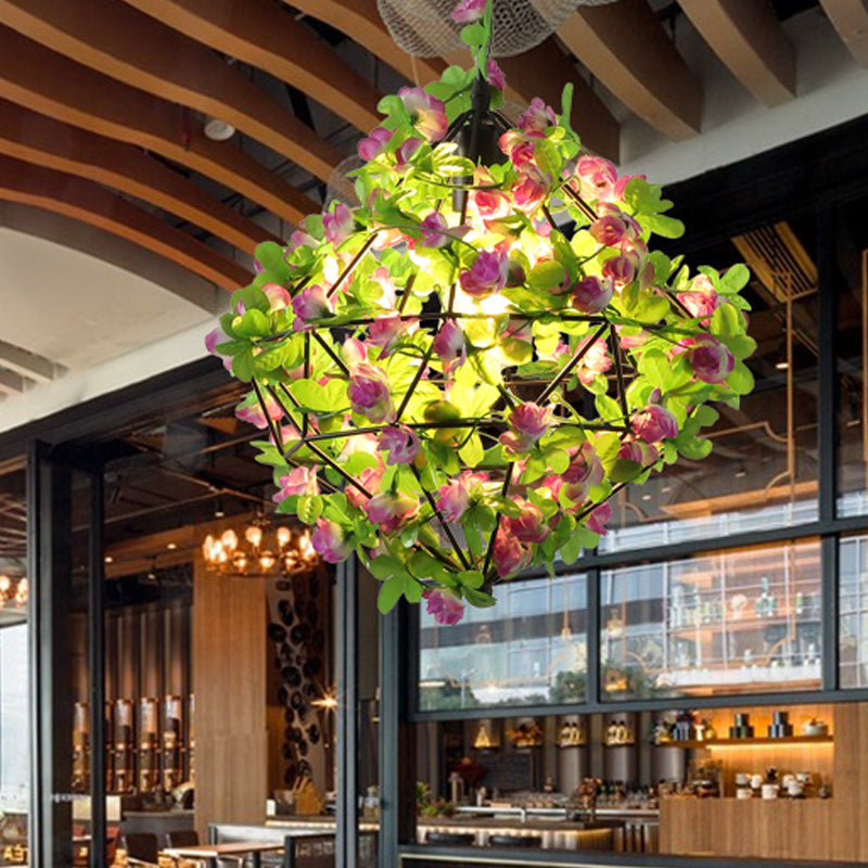 Industrial Geometric Metal Pendant Light With Black Finish And Flower Detail