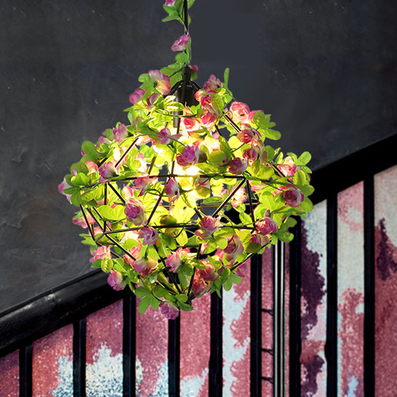 Industrial Geometric Metal Pendant Light With Black Finish And Flower Detail