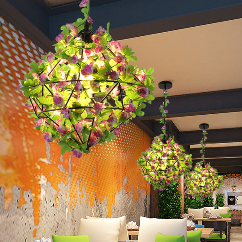 Industrial LED Suspension Lamp with Geometric Metal Black Pendant and Flower Decoration