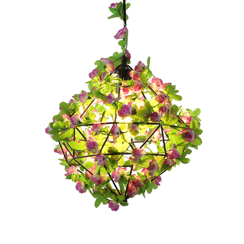 Industrial LED Suspension Lamp with Geometric Metal Black Pendant and Flower Decoration
