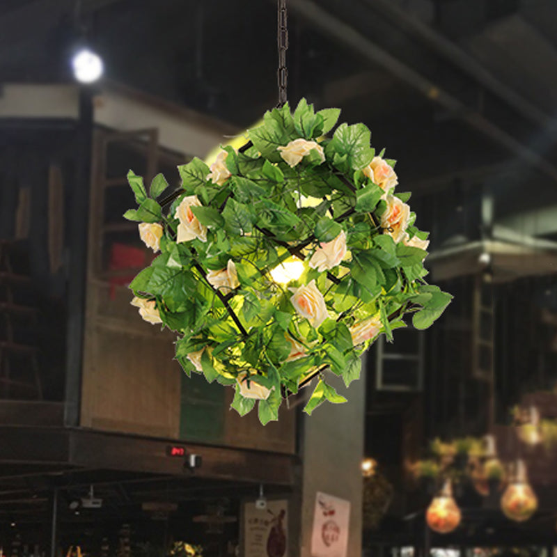 Vintage Geometric Suspension Lamp - Metal Led Pendant Light In Black With Plant And Flower Accents