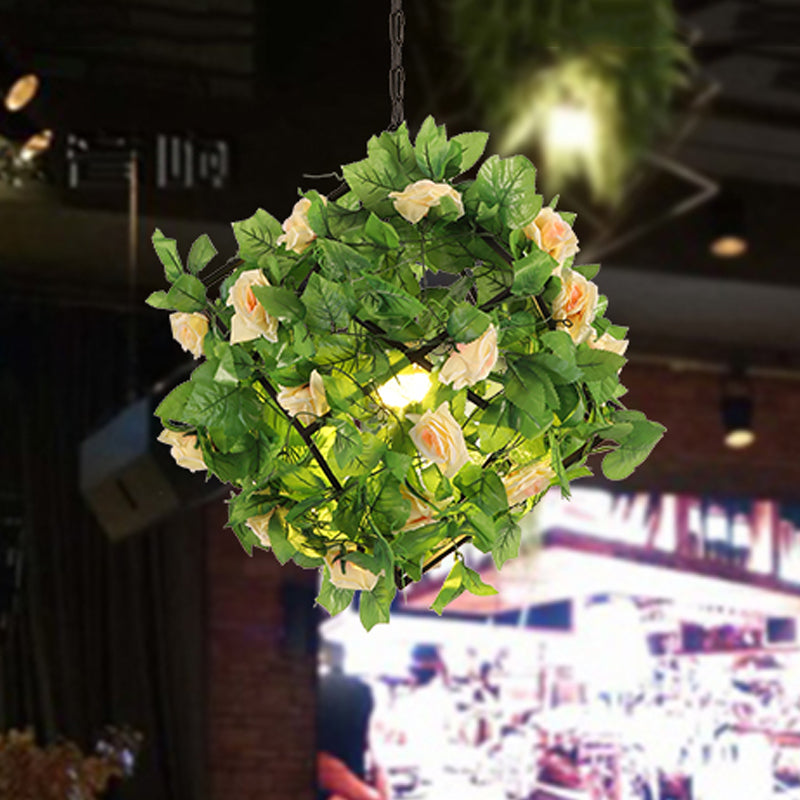 Retro 1-Head Black Metal LED Geometric Pendant Lamp with Plant and Flower Accent