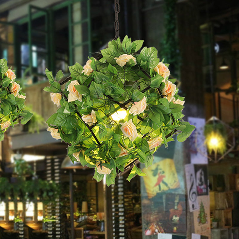 Retro 1-Head Black Metal LED Geometric Pendant Lamp with Plant and Flower Accent