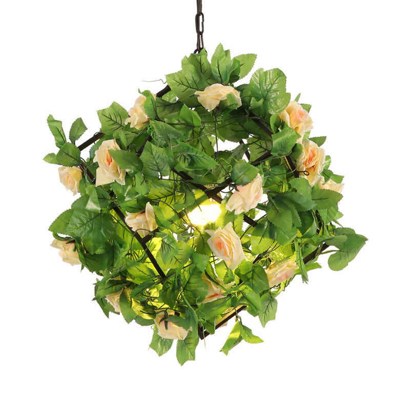 Vintage Geometric Suspension Lamp - Metal Led Pendant Light In Black With Plant And Flower Accents