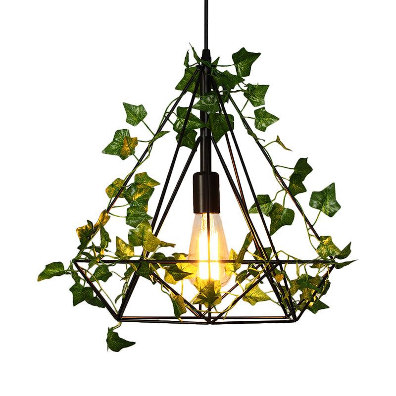 Black Diamond Metal Ceiling Light With Led Down Lighting And Plant - Restaurant Style Pendant
