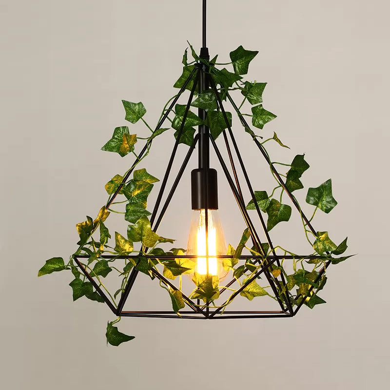 Black Diamond Metal Ceiling Light with LED Down Lighting Pendant and Plant Décor - 10"/15"/18" W