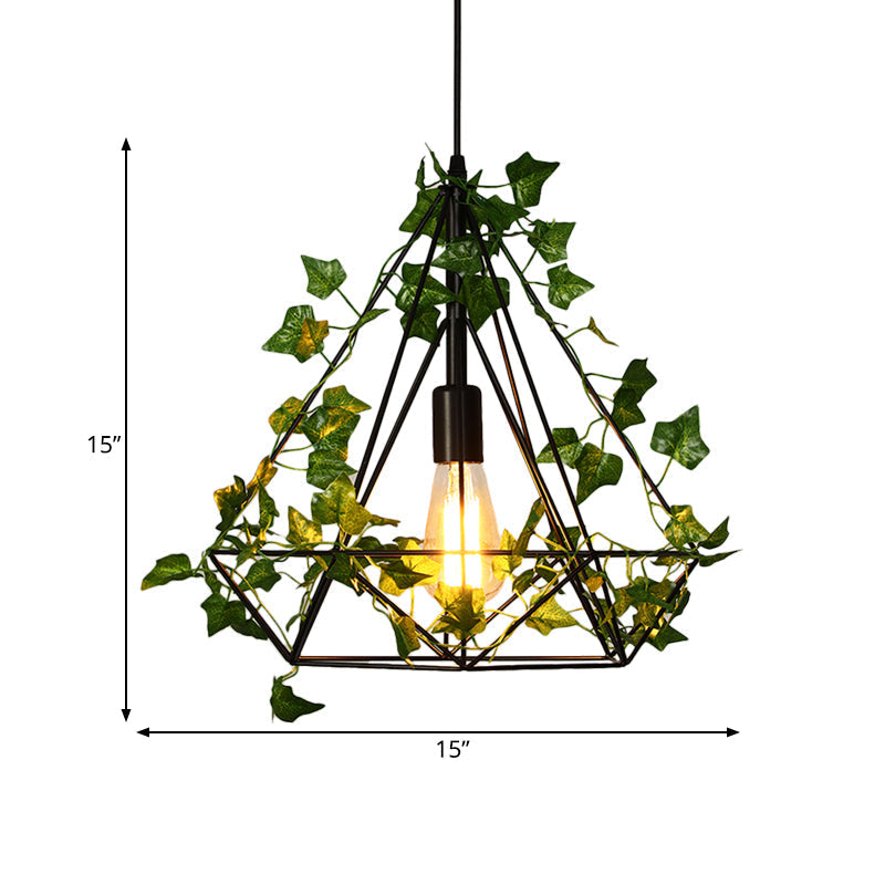 Black Diamond Metal Ceiling Light With Led Down Lighting And Plant - Restaurant Style Pendant