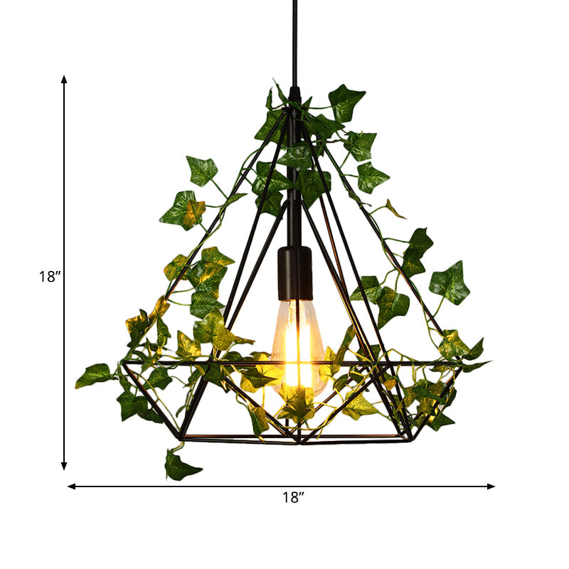 Black Diamond Metal Ceiling Light with LED Down Lighting Pendant and Plant Décor - 10"/15"/18" W