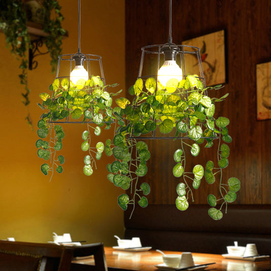 Industrial Metal Barrel Drop Lamp with Black LED Hanging Light Fixture and Plant Accent