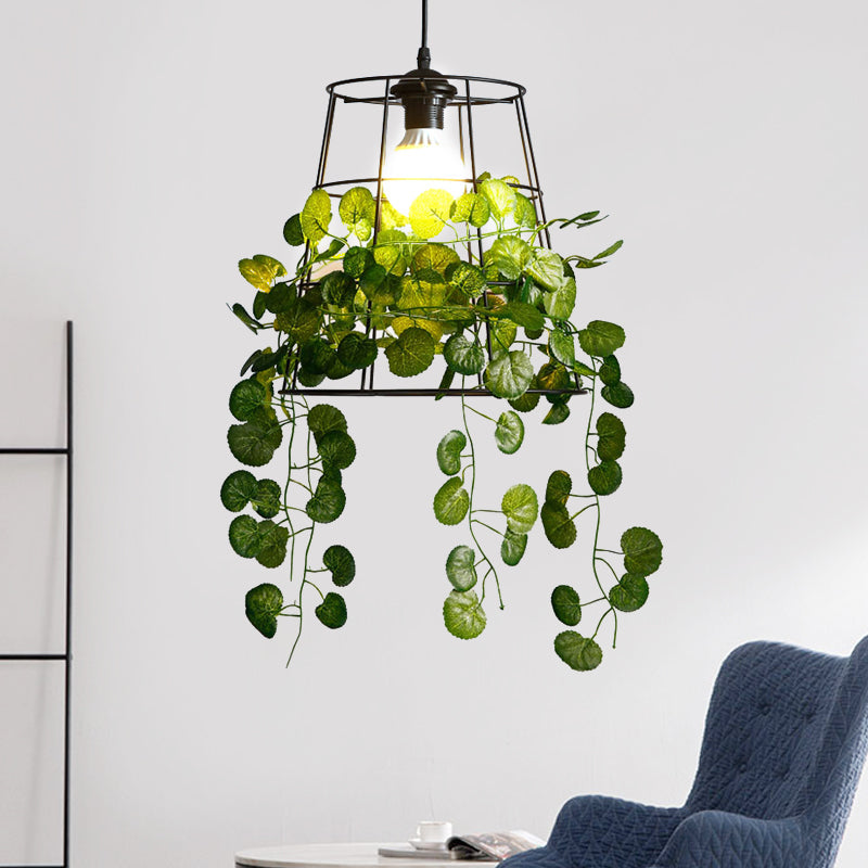 Industrial Metal Barrel Drop Lamp with Black LED Hanging Light Fixture and Plant Accent