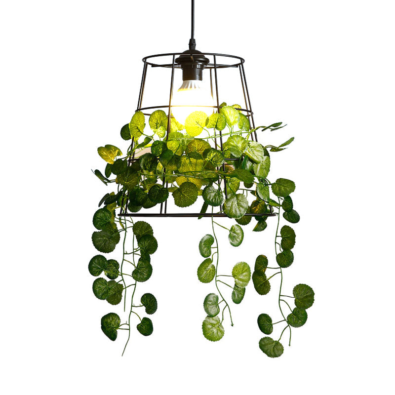 Industrial Metal Barrel Drop Lamp with Black LED Hanging Light Fixture and Plant Accent