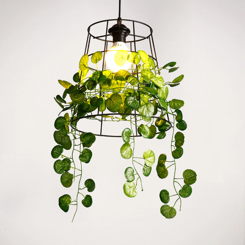 Industrial Metal Barrel Drop Lamp with Black LED Hanging Light Fixture and Plant Accent