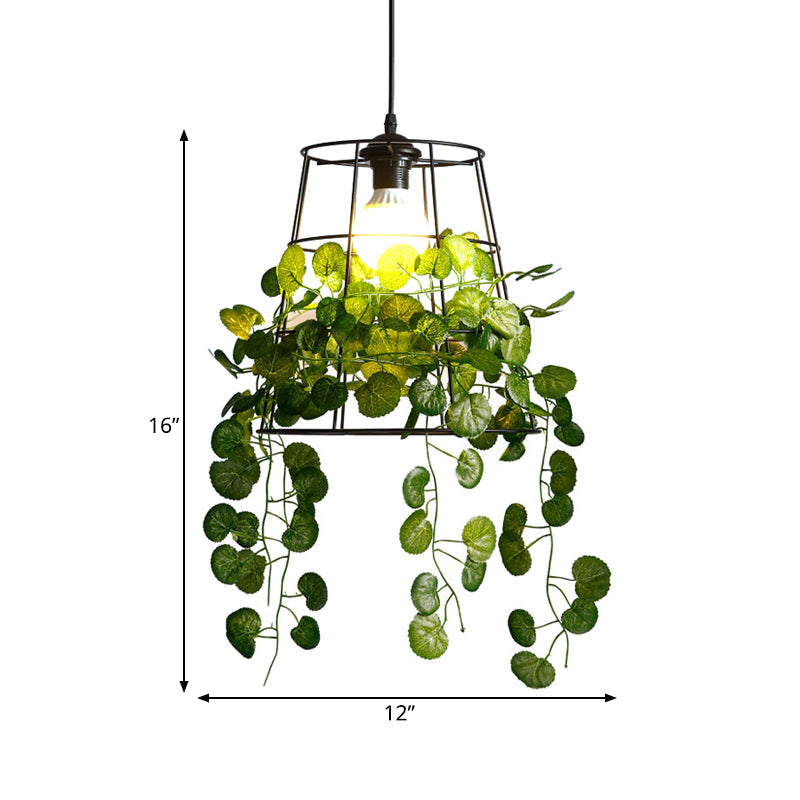 Industrial Metal Barrel Drop Lamp: Black Led Hanging Light Fixture With Plant Perfect For