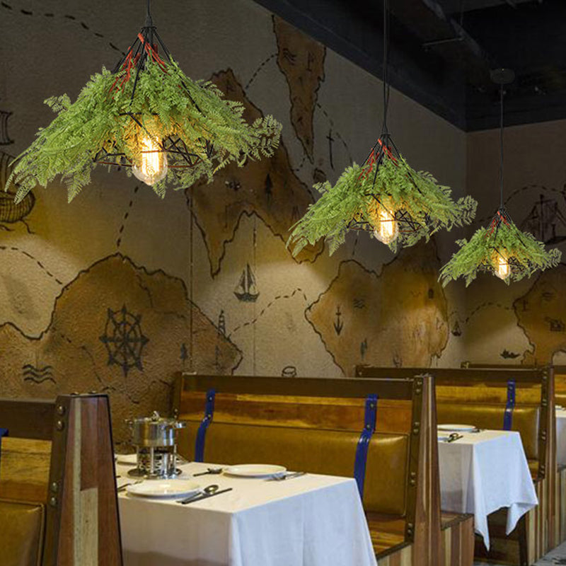 Plafonnier LED industriel en métal à 1 ampoule avec motif diamant et plante - Idéal pour les restaurants