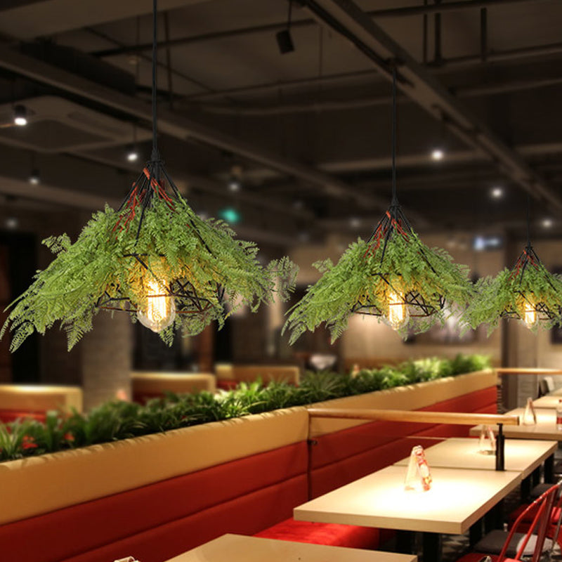 Industrial Metal Diamond Pendant Ceiling Light With Green Led Bulb And Hanging Plant - Perfect For