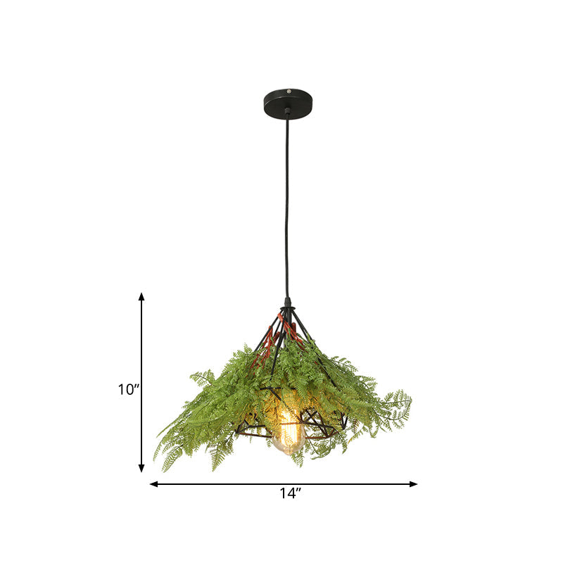 Industrial Metal Diamond Pendant Ceiling Light With Green Led Bulb And Hanging Plant - Perfect For